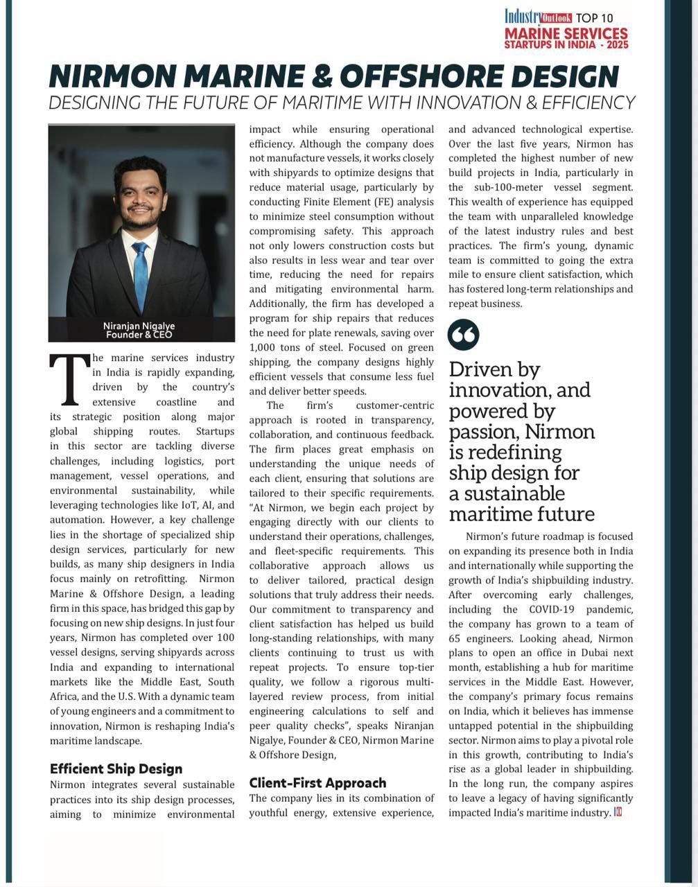 Industry Outlook Newspaper Feature Article Nirmon Marine